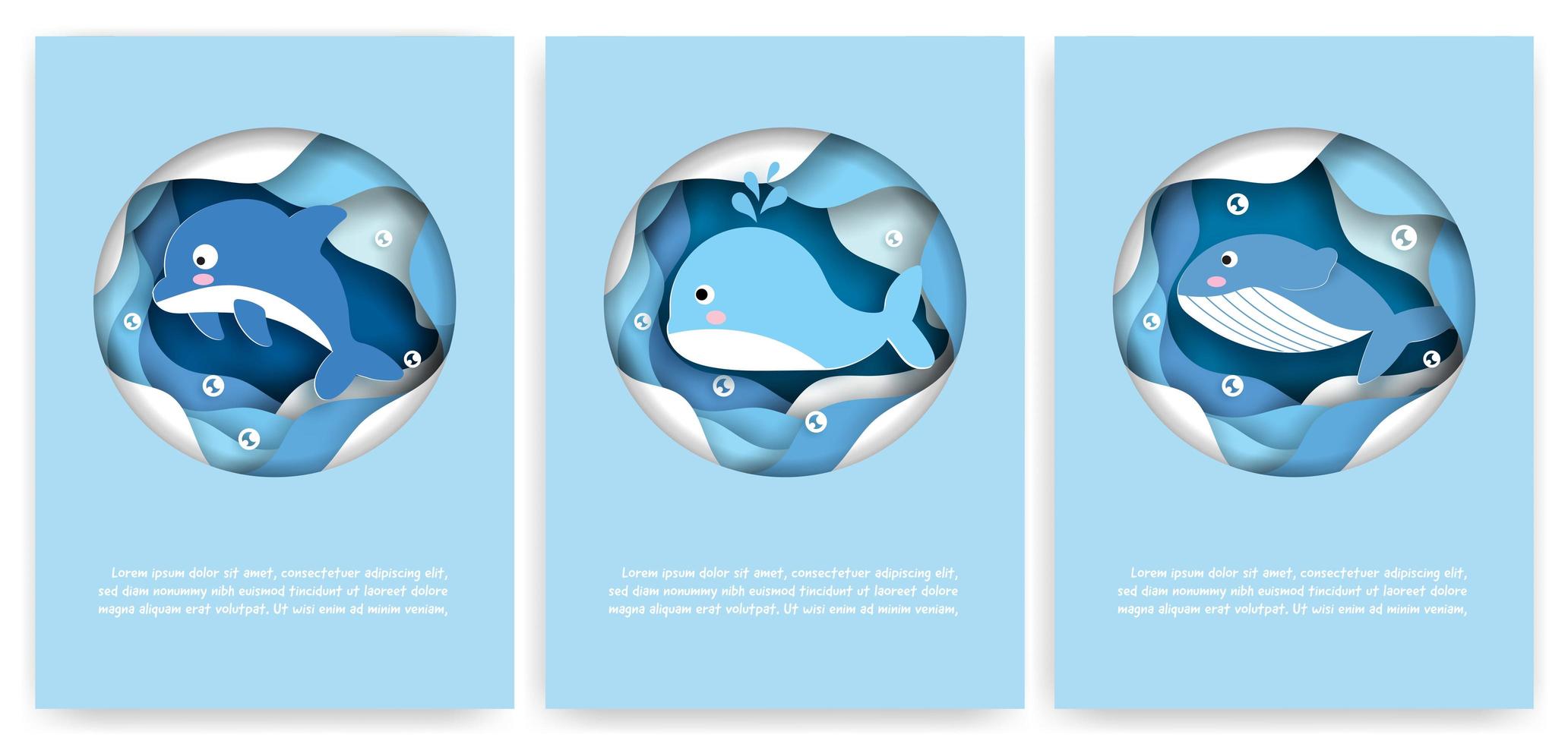 Paper Cut Card Set with Whales and Dolphin vector