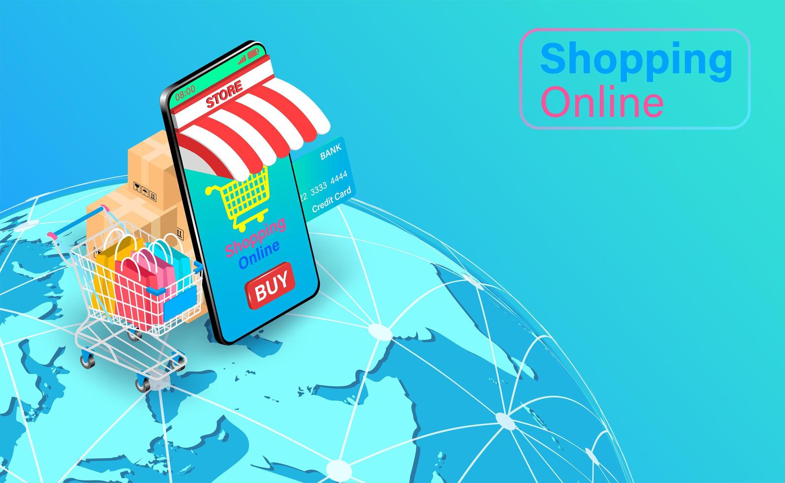 Online Mobile Shop and Cart on Globe vector