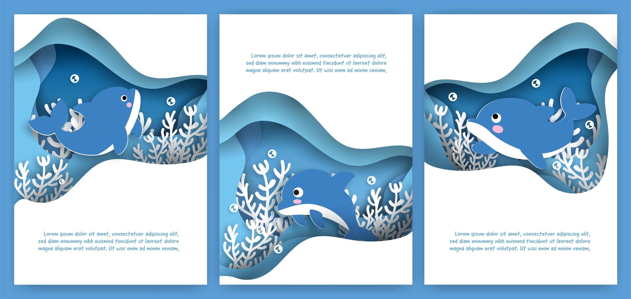 Paper Cut Card Set with Cute Dolphin vector