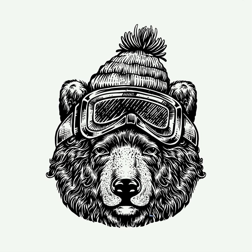 Engraving Style Bear Wearing Ski Mask and Hat vector