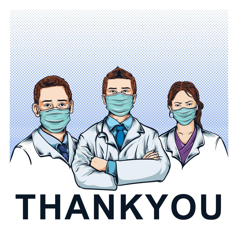 Health Professionals Wearing Masks on Blue Halftone vector