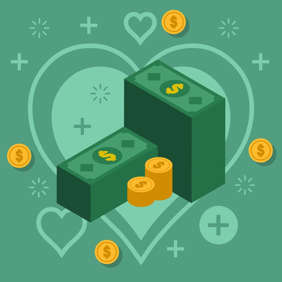 Stacks of Cash and Coins on Heart Background vector