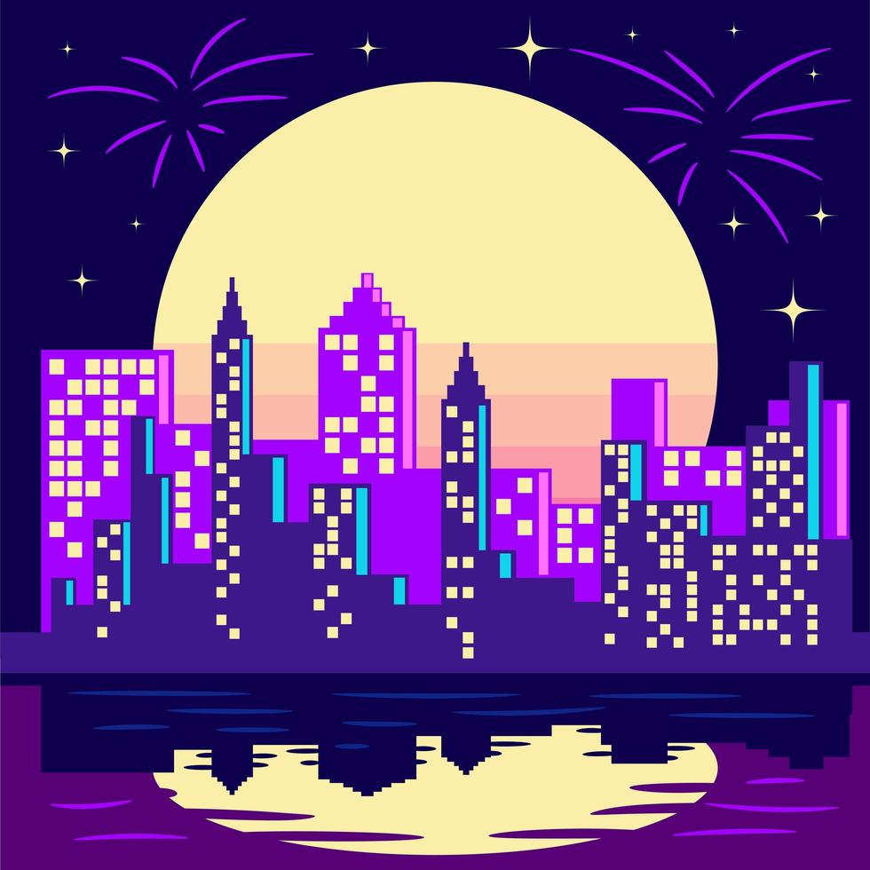 Purple City Skyline in Front of Full Yellow Moon vector