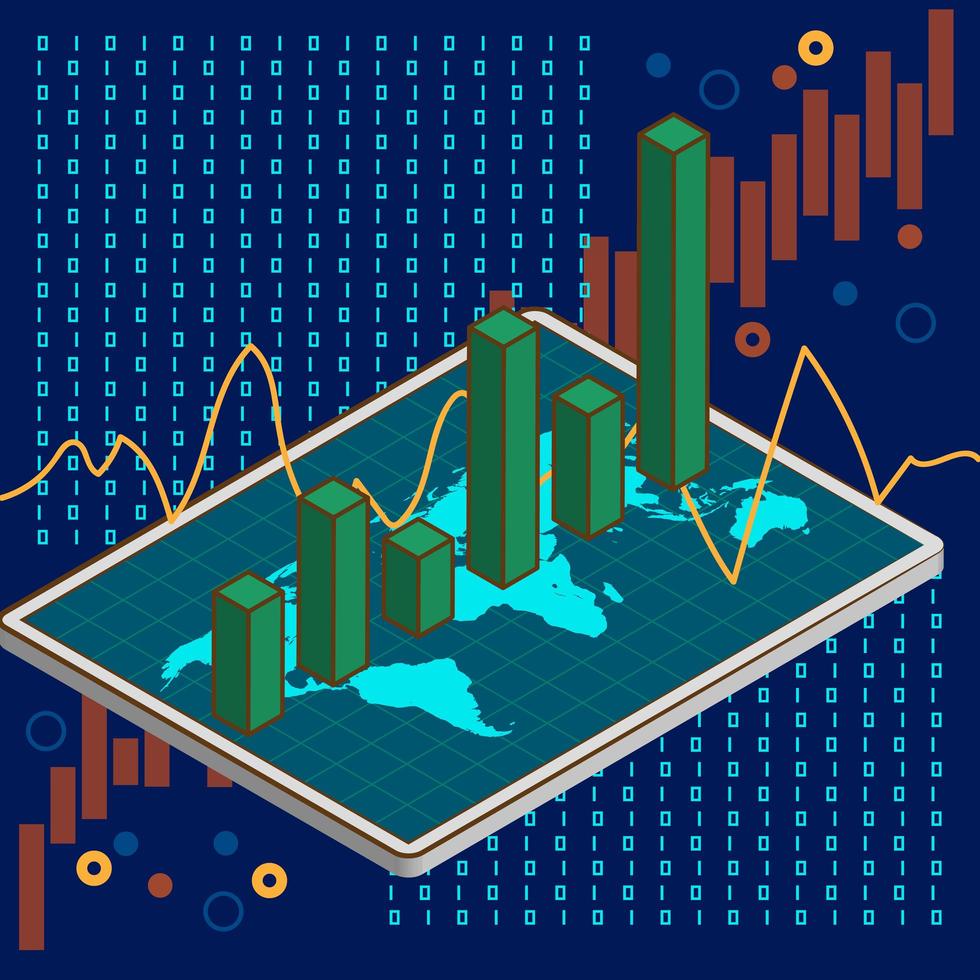 Isometric Bar Graph on World Map Grid vector