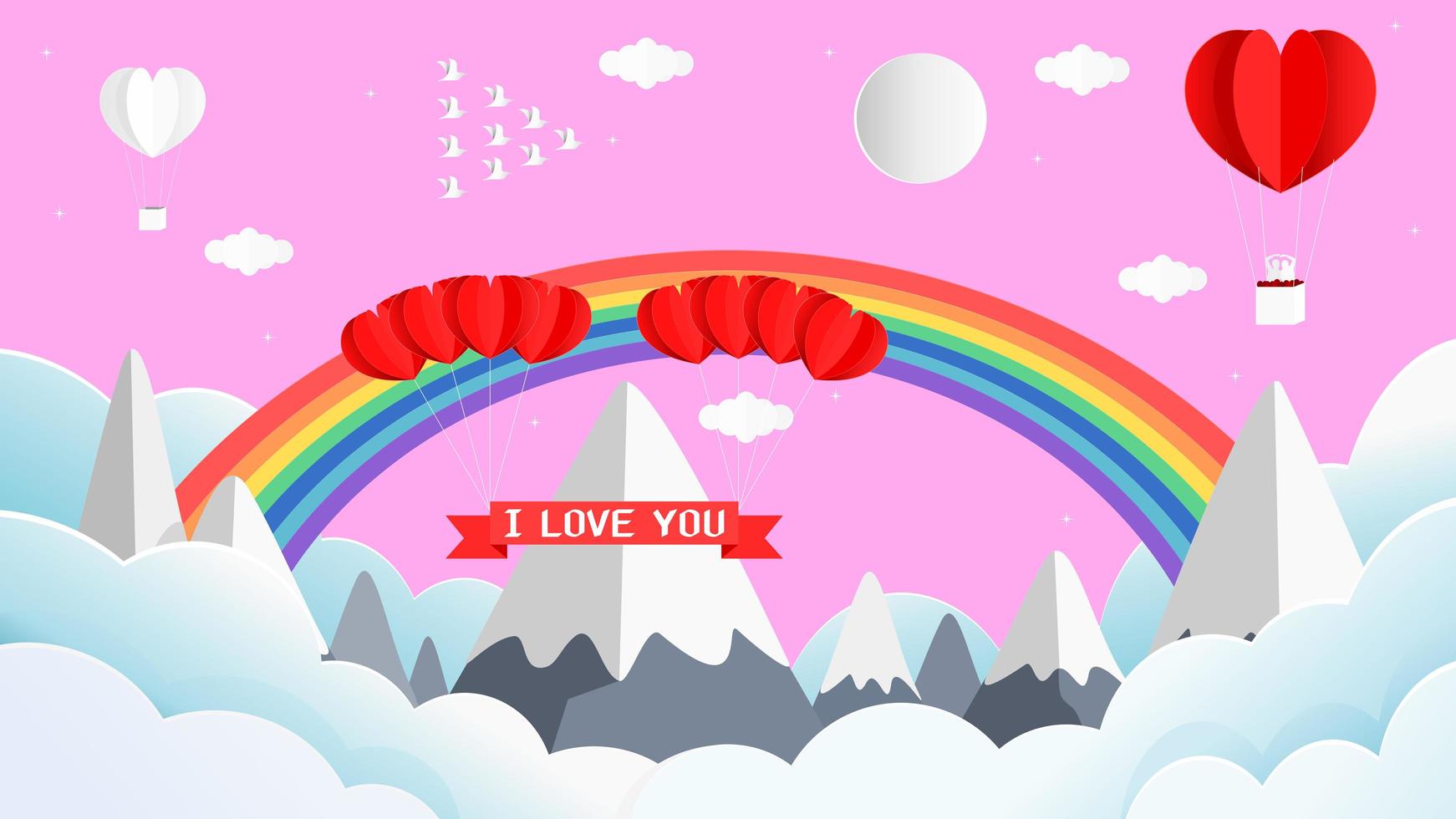 saludo de San Valentín 3d de papel con arco iris y montaña vector