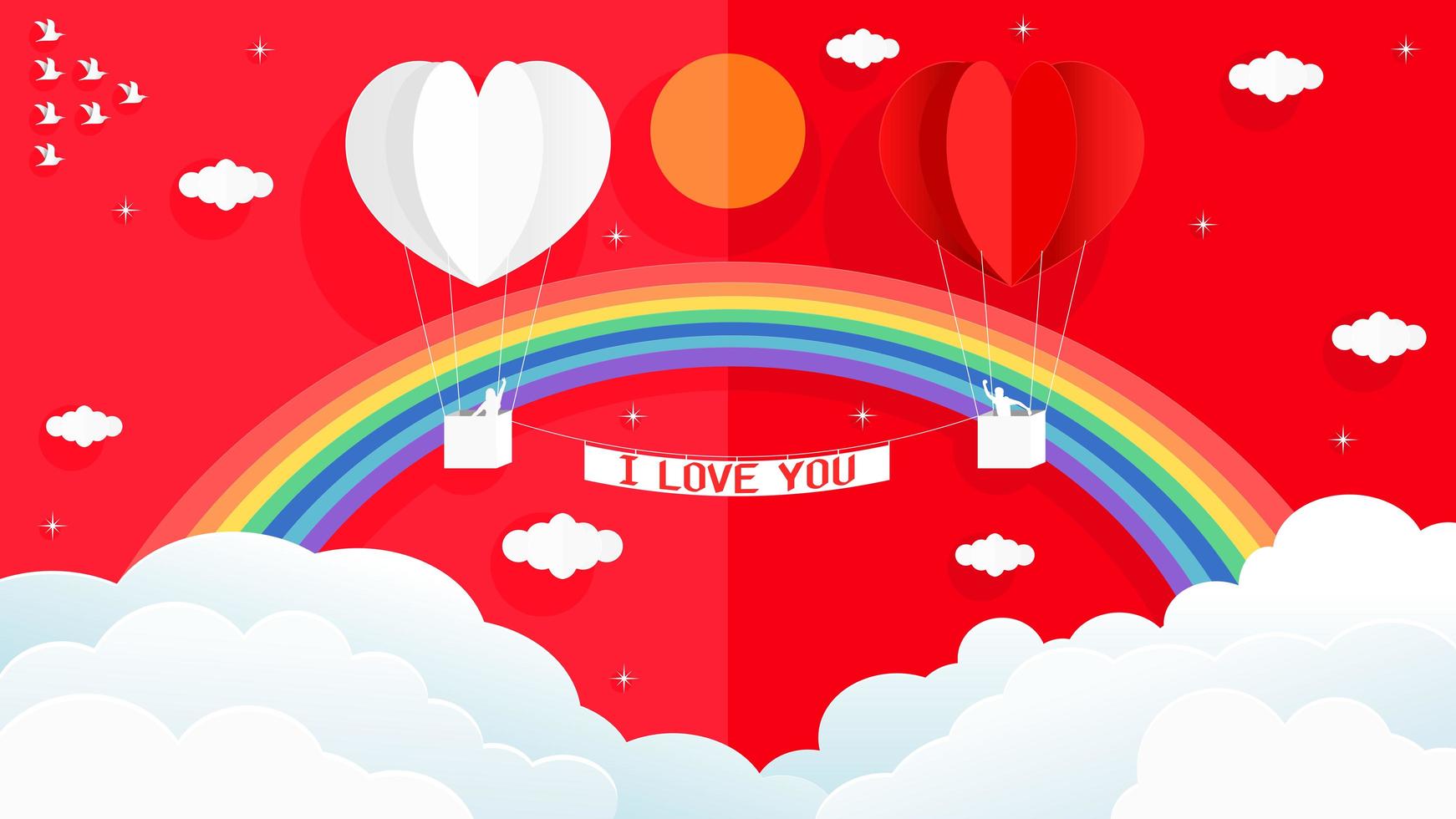 tarjeta de San Valentín con globos de aire caliente de papel 3d vector