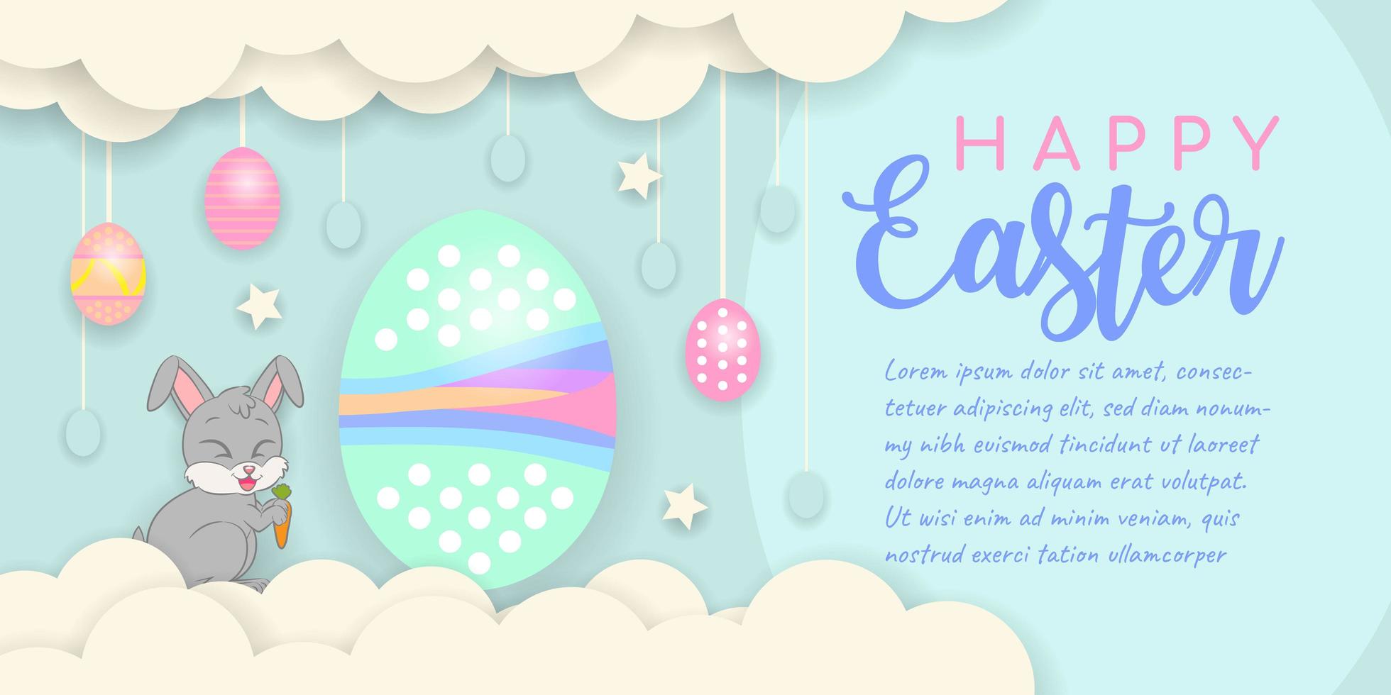 Happy Easter Background with Eggs Hanging from Clouds vector