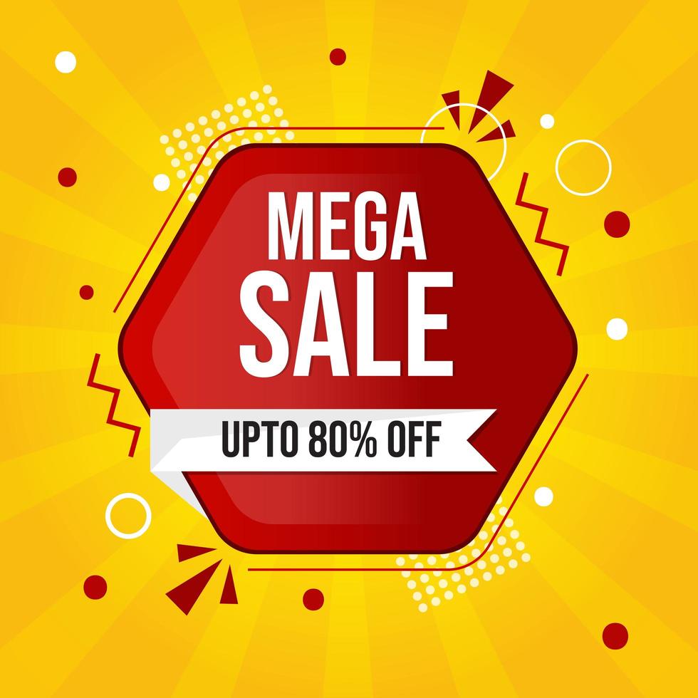 Yellow Mega Sale Banner with Red and White Shapes vector