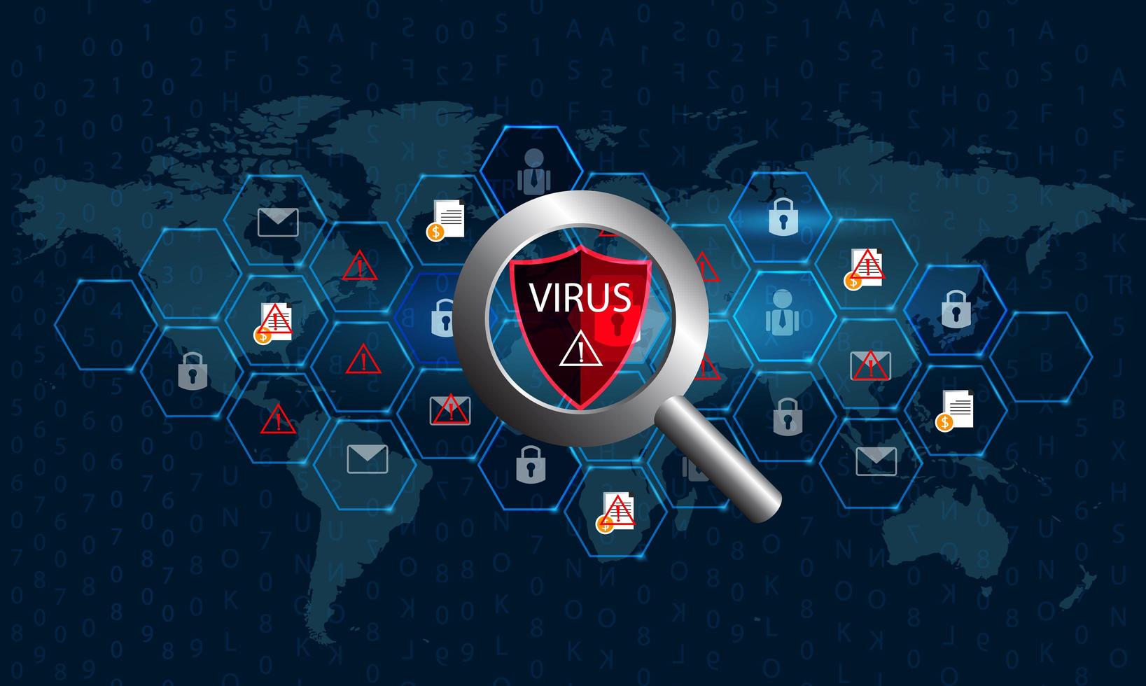 lupa, comprobación, virus, en, mundo digital vector