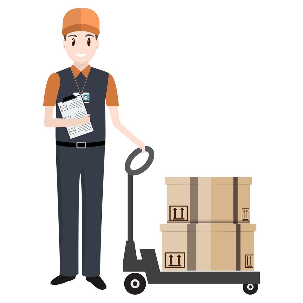 Man with boxes and hand pallet jack lift vector