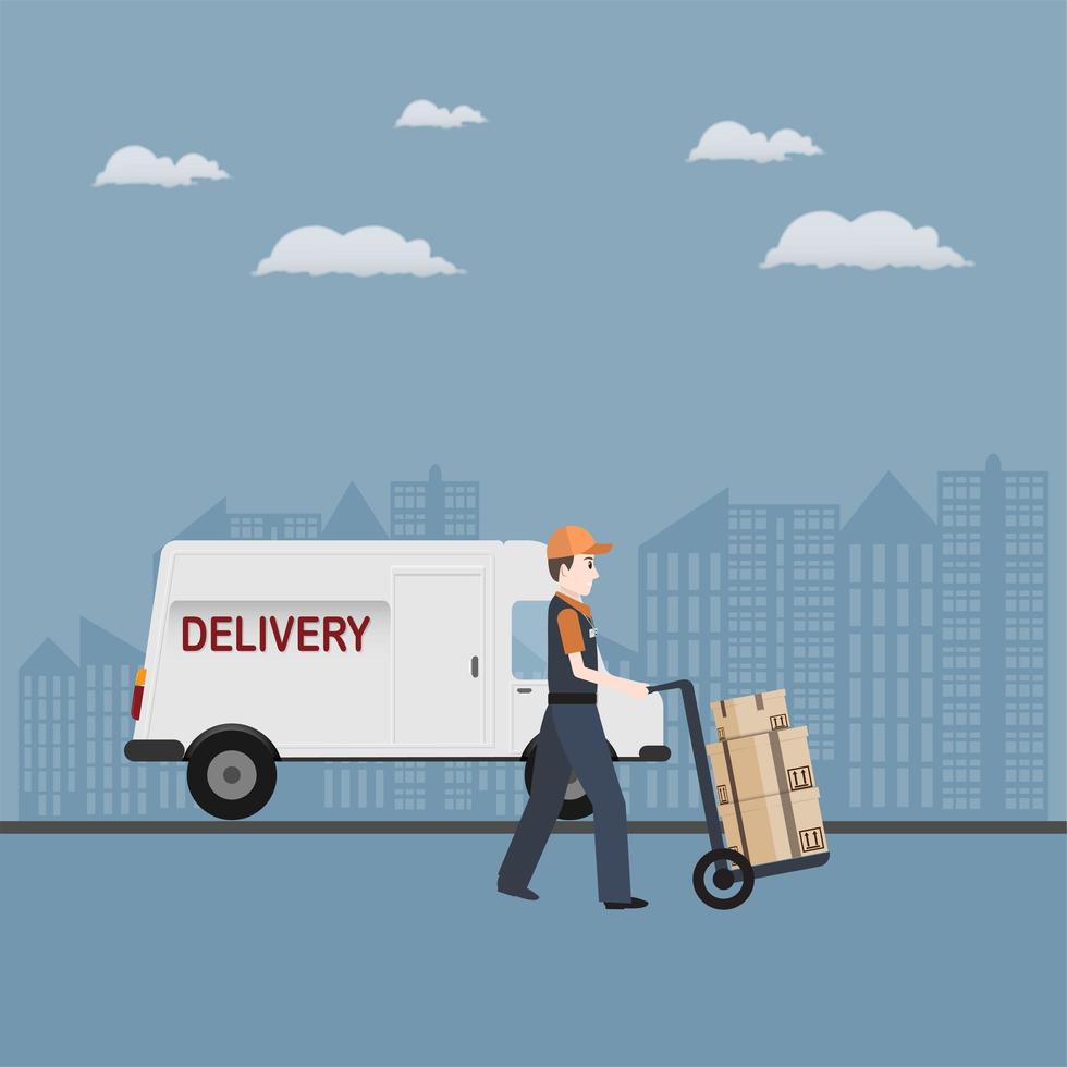 Man delivering packagae with hand cart vector