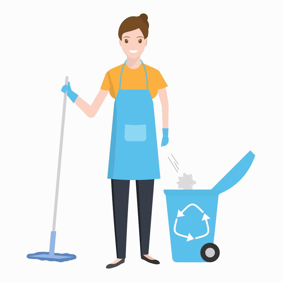 Woman with mop and trash bin vector