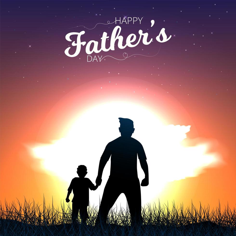 Father's Day Card with Father and Son Walking to Sunset vector