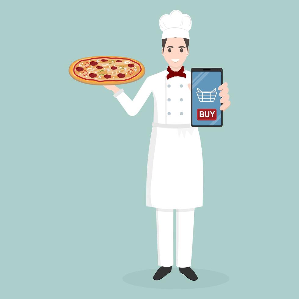 chef sosteniendo una pizza y teléfono móvil vector