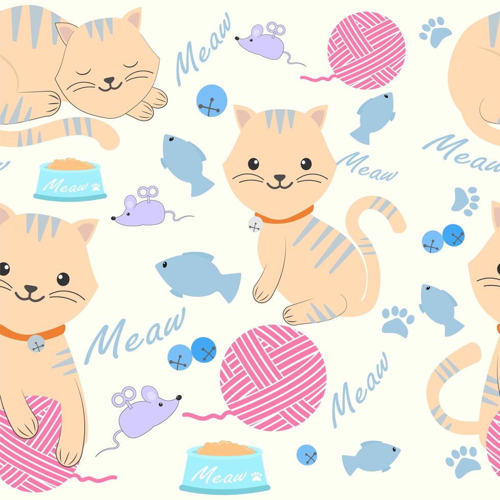 Cute cat with yarn and toys seamless pattern vector