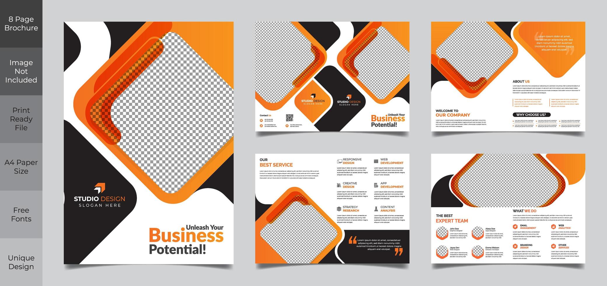 Plantilla de folleto cuadrado corporativo naranja y negro de 8 páginas vector