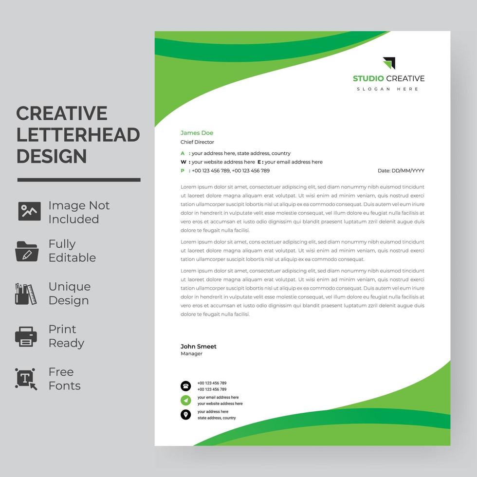 Green Curved Shapes at Top and Bottom Letterhead Template vector