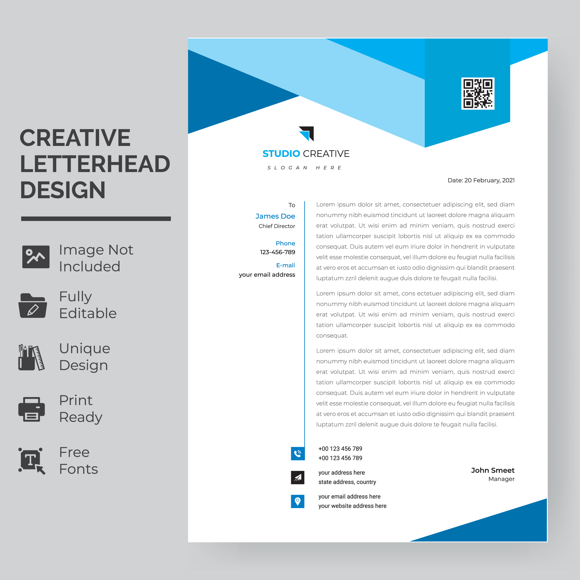 Blue Geometric Shapes and QR Code Letterhead Template 967314 Vector Art