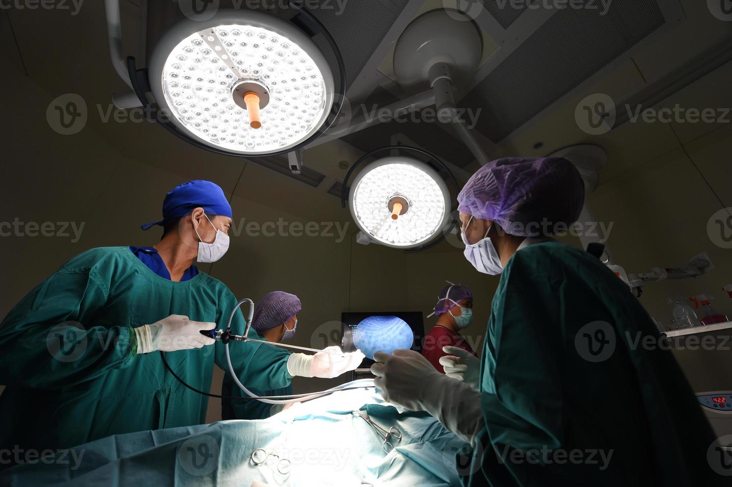 group of veterinarian doctor in operation room for laparoscopic surgical photo