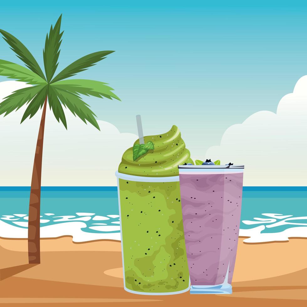 Tropical smoothie drink on beach background vector