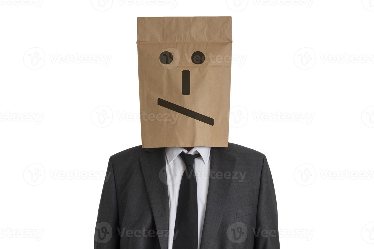 hombre con bolsa de papel con smiley en la cabeza foto