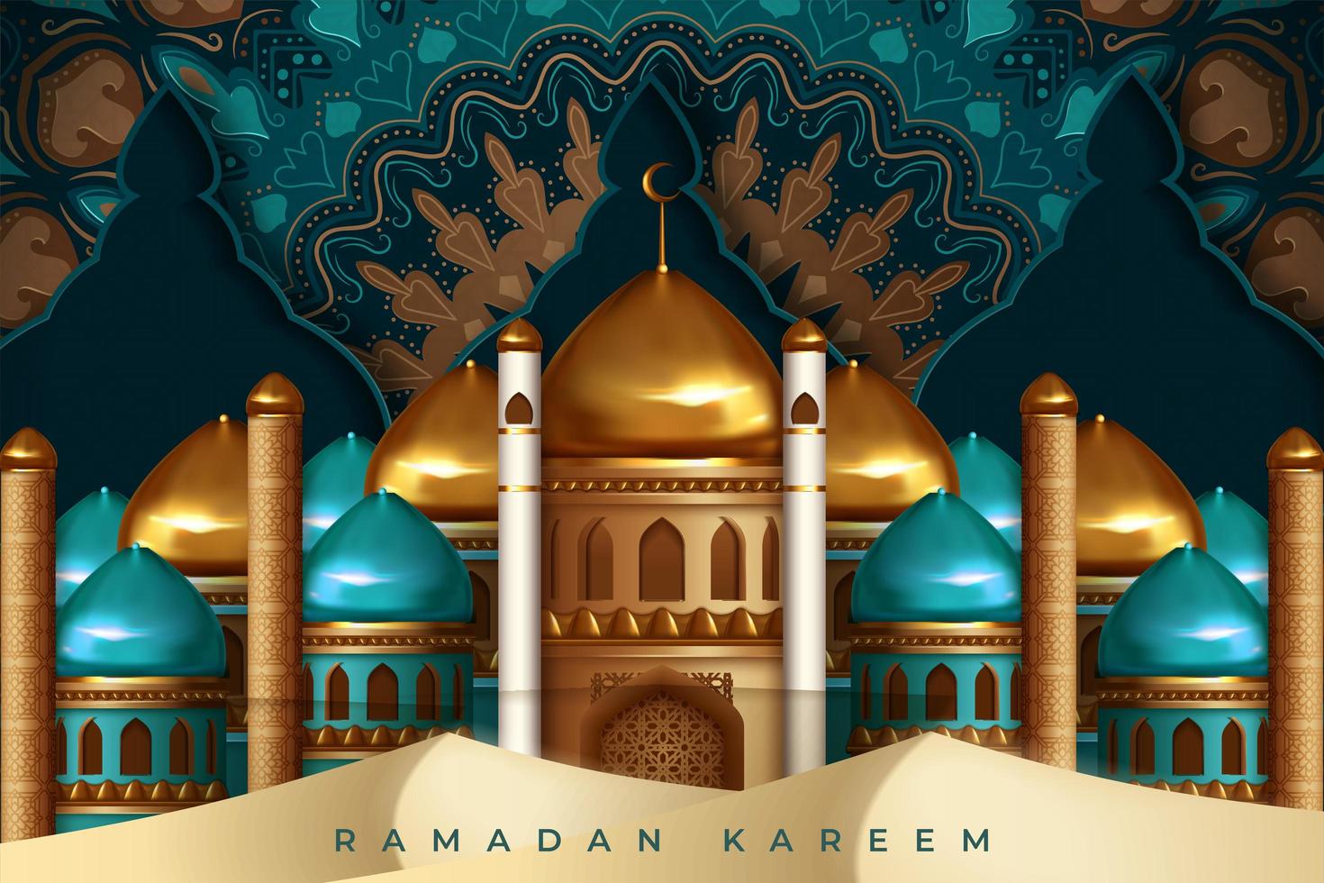 saludo de Ramadán Kareem con mezquita y diseño adornado vector