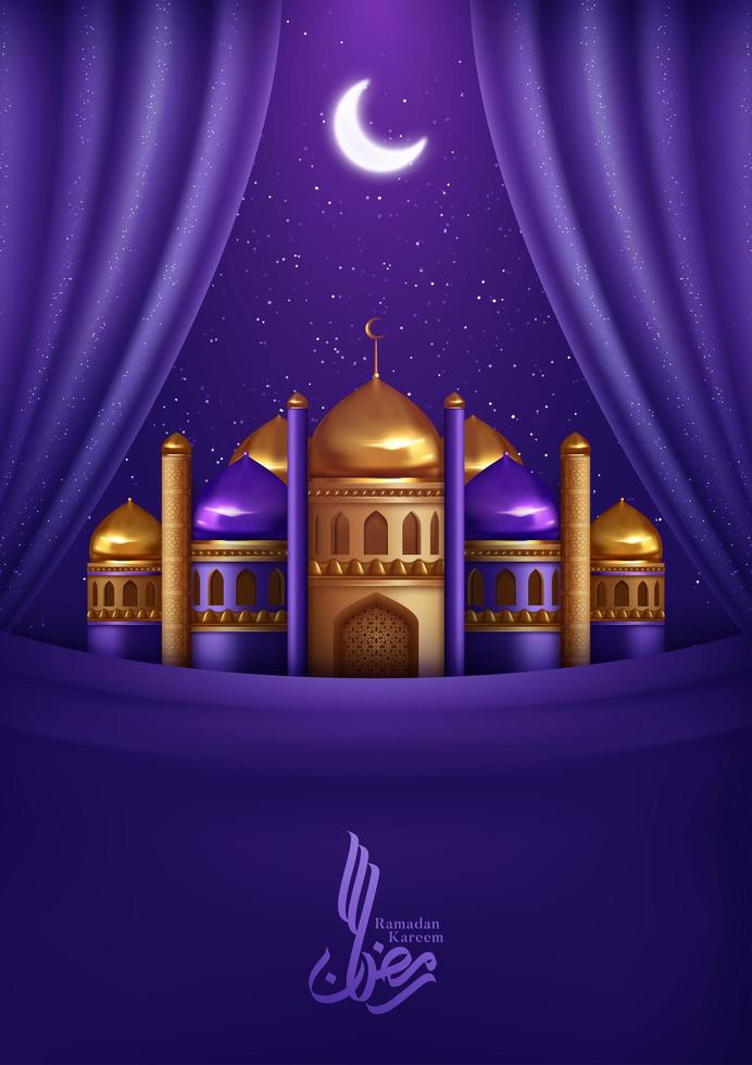 Ramadan Kareem Greeting with Purple Curtains and Mosque  vector