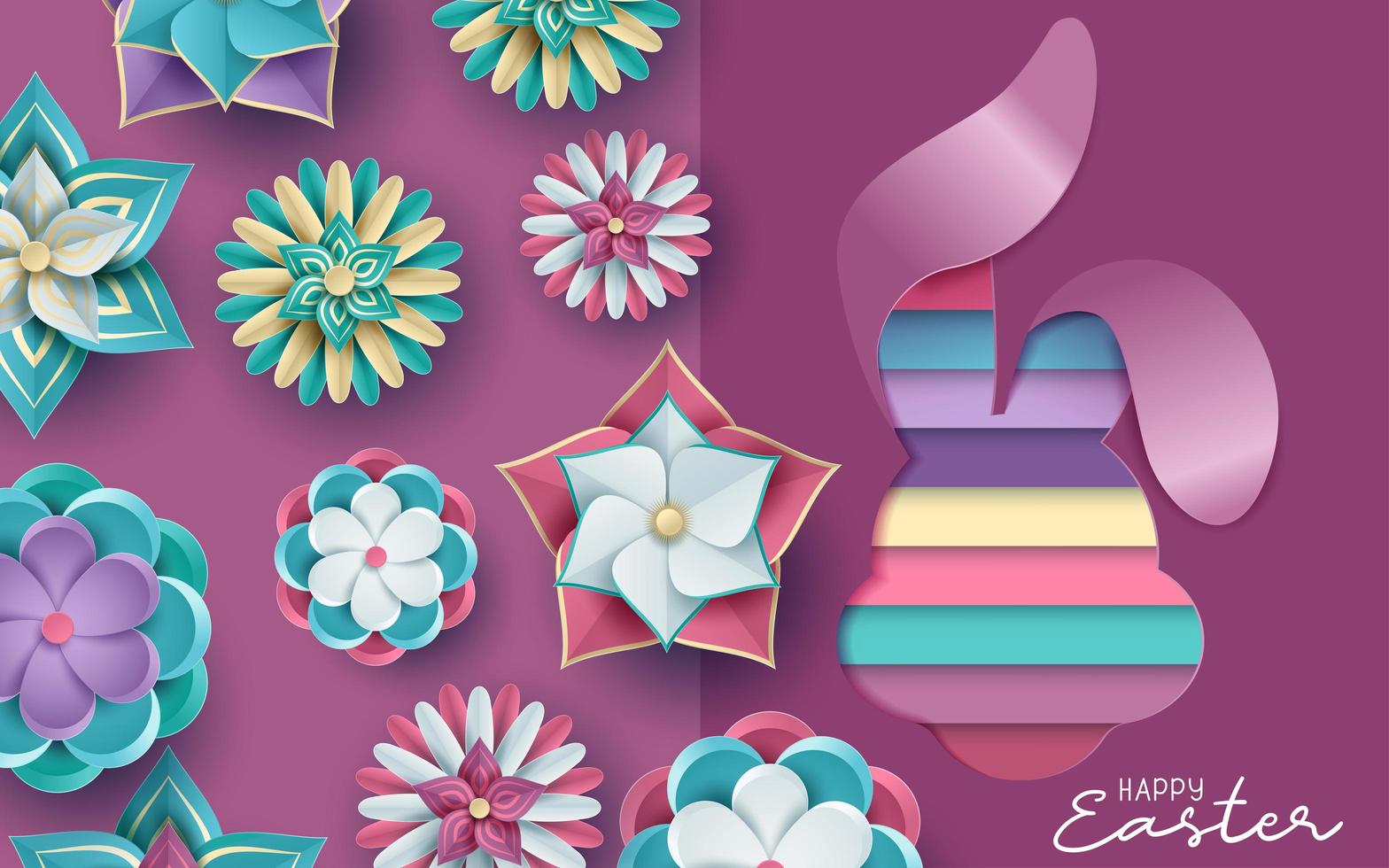 Easter Card in 3D Cut Paper Style with Flowers  vector