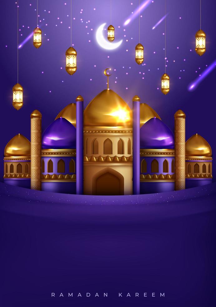 Ramadan Kareem Beautiful Greeting Card with Mosque and Shooting Stars  vector