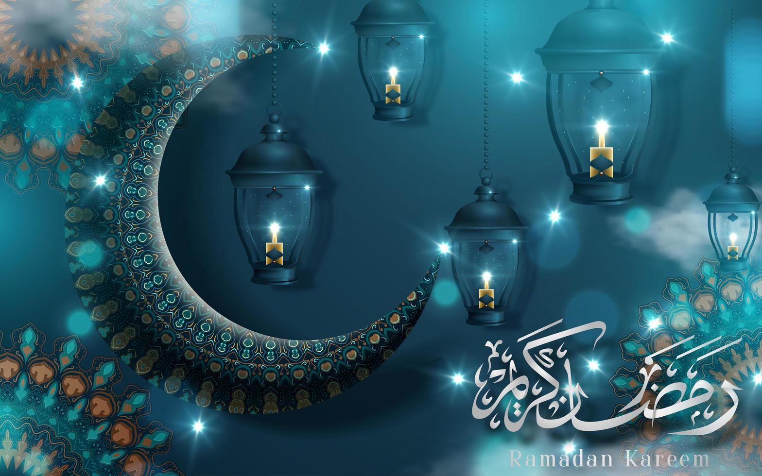 Ramadan Kareem Turquoise Greeting with Moon and Lanterns  vector