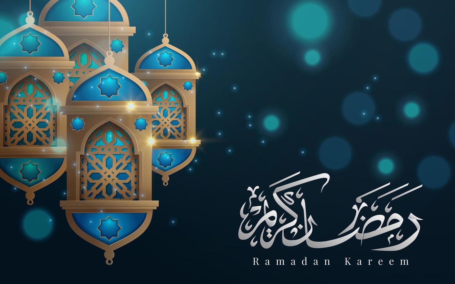 saludo de Ramadán Kareem con linternas y caligrafía vector