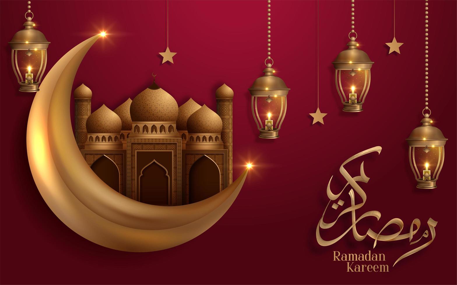 ramadan kareem luna dorada y mezquita en diseño rojo vector