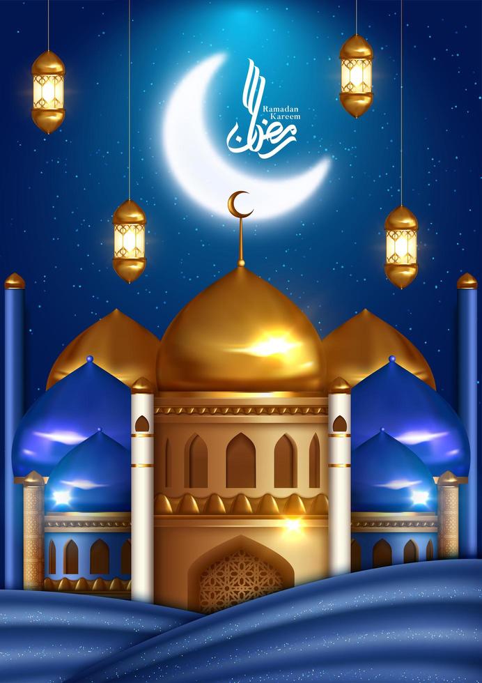 diseño de saludo de Ramadán en azul con mezquita y luna vector