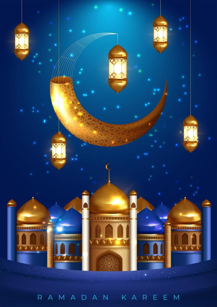 diseño de la mezquita de Ramadán con mezquita y linterna en azul vector