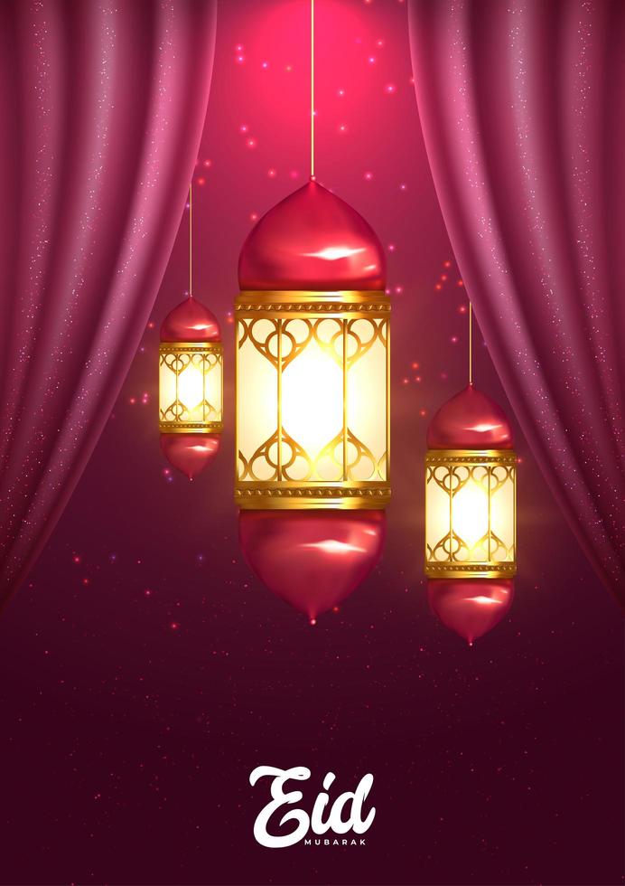 Eid Mubarak Greeting with Lanterns and Curtains  vector