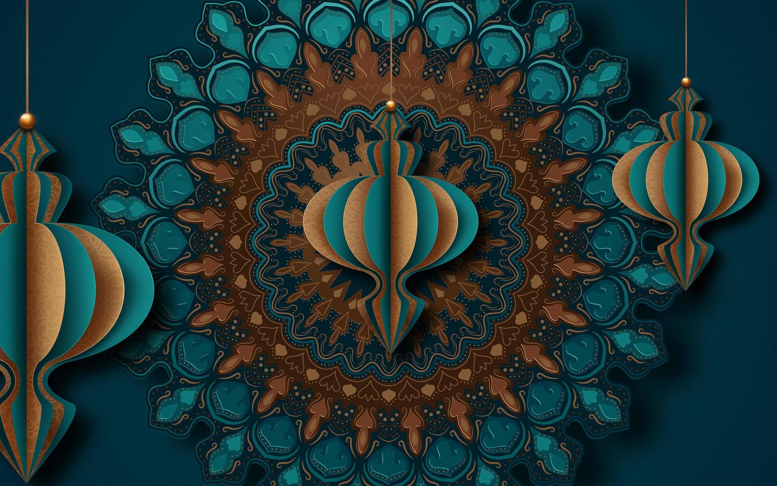 Mandala Gold and Turquoise Islamic Greeting Card Design for Ramadan vector