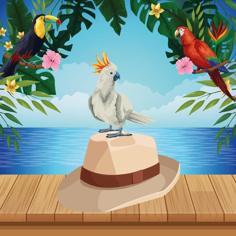 Fondo de verano con sombrero y pájaro vector
