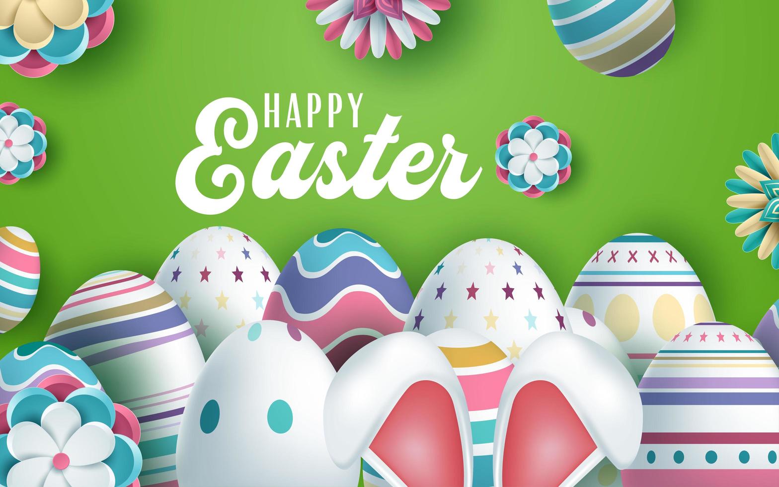 orejas de conejo y huevos decorados diseño de saludo de pascua vector