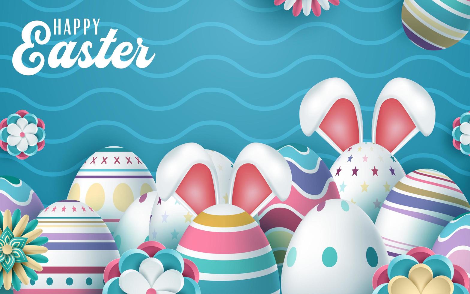 Happy Easter Greeting with Colorful Decorated Eggs with Bunny Ears  vector