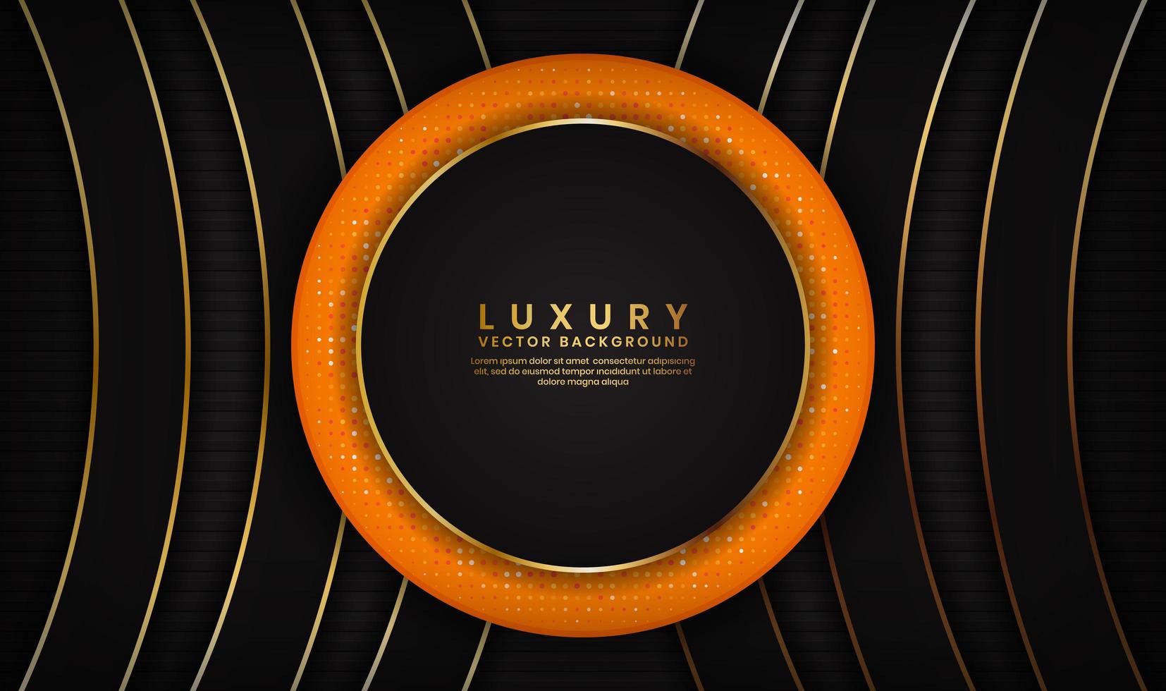 Abstract luxury black and orange background with golden lines in circle vector