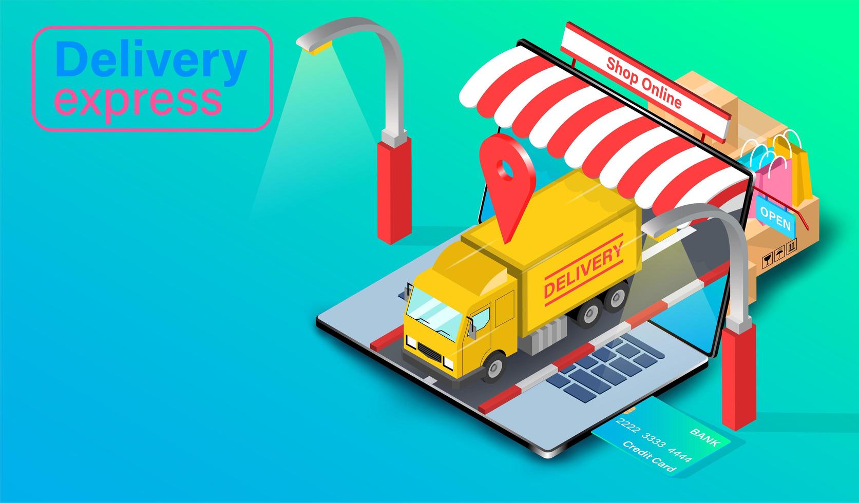 Delivery Truck Driving Out of Laptop with GPS vector