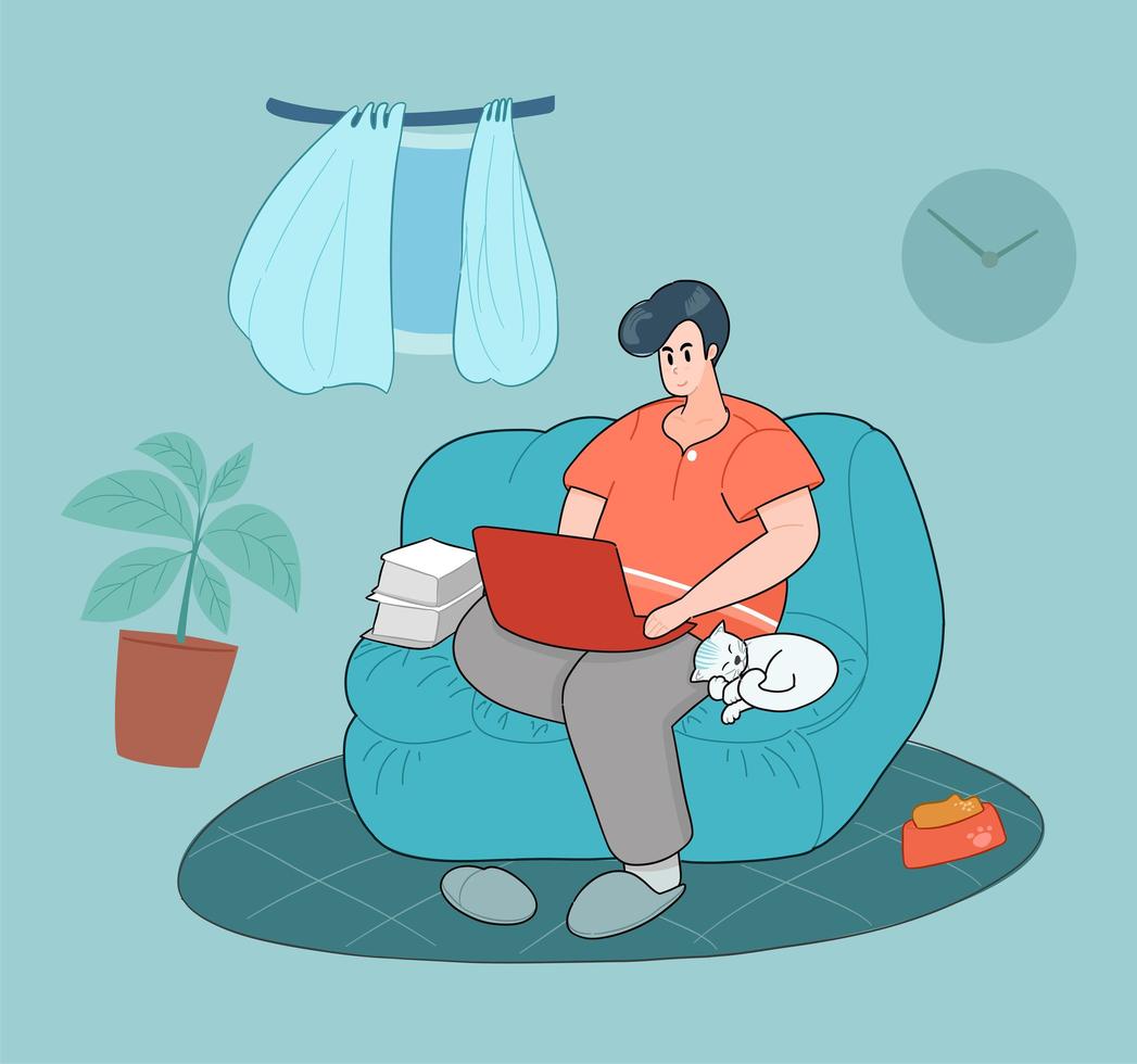 Cartoon Style Man Working Comfortably at Home vector