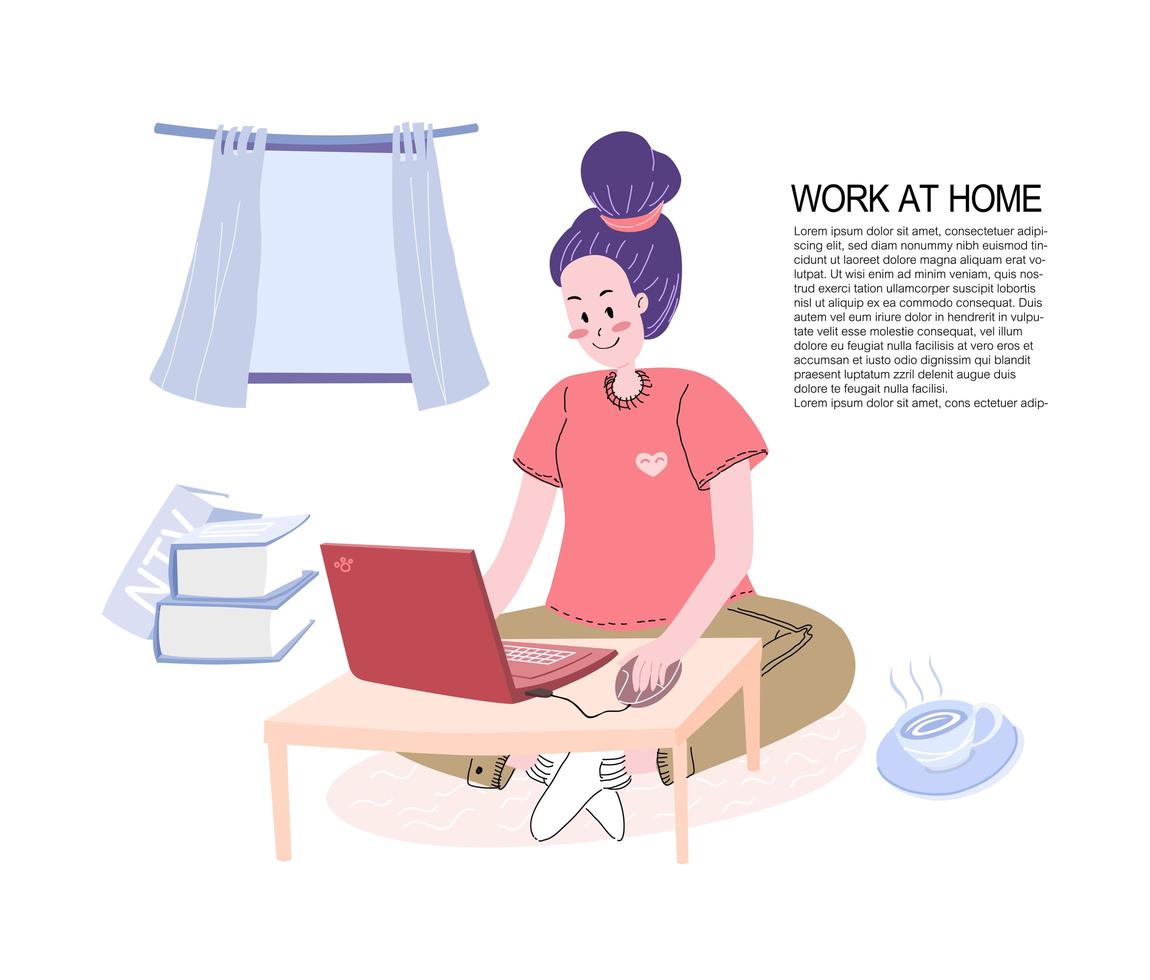 mujer joven que trabaja en la computadora portátil en casa vector