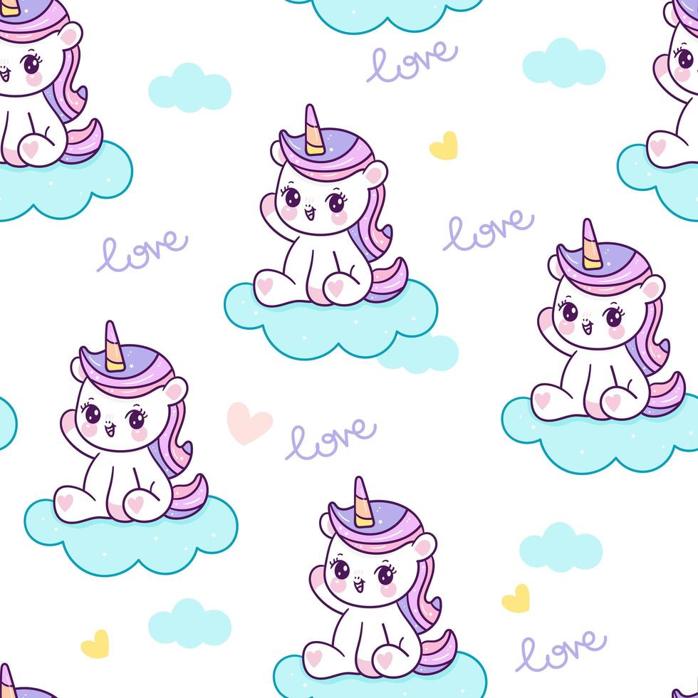 patrón sin costuras unicornio con nubes y corazones vector