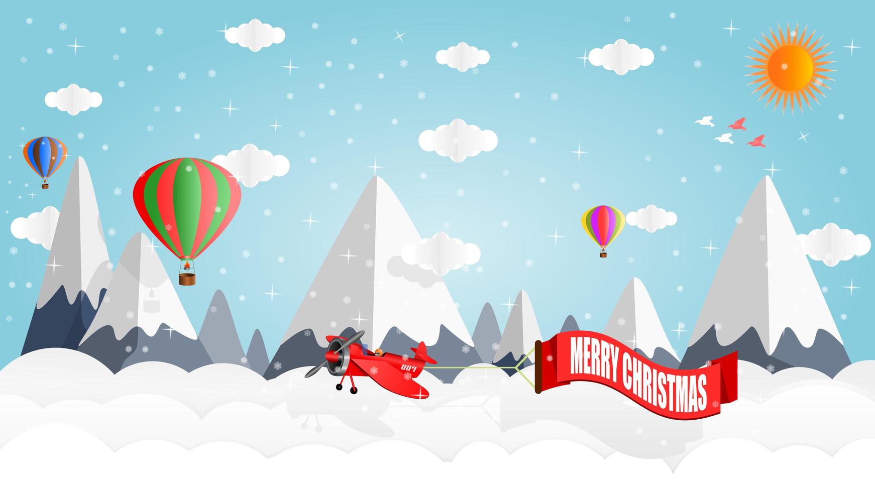 Airplanes and balloons above snow-capped mountains vector
