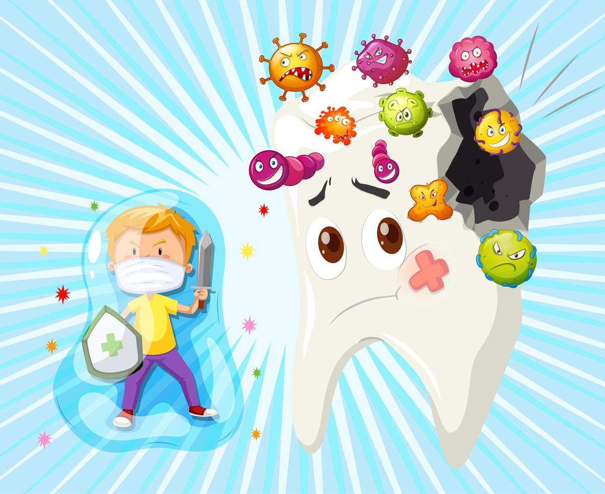 Boy fighting with tooth decay vector