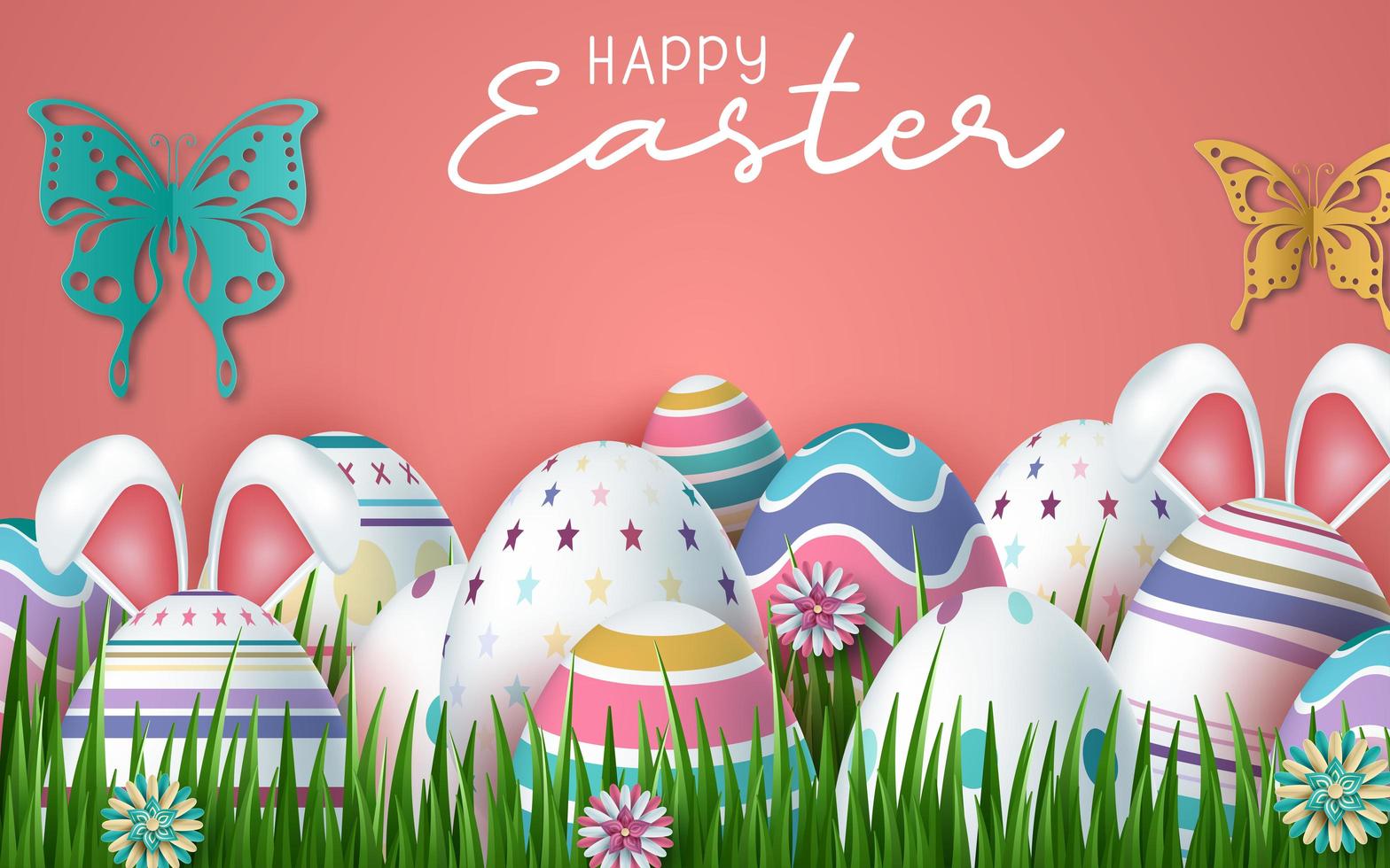 Happy Easter Pink background with realistic Easter eggs 1012915 Vector