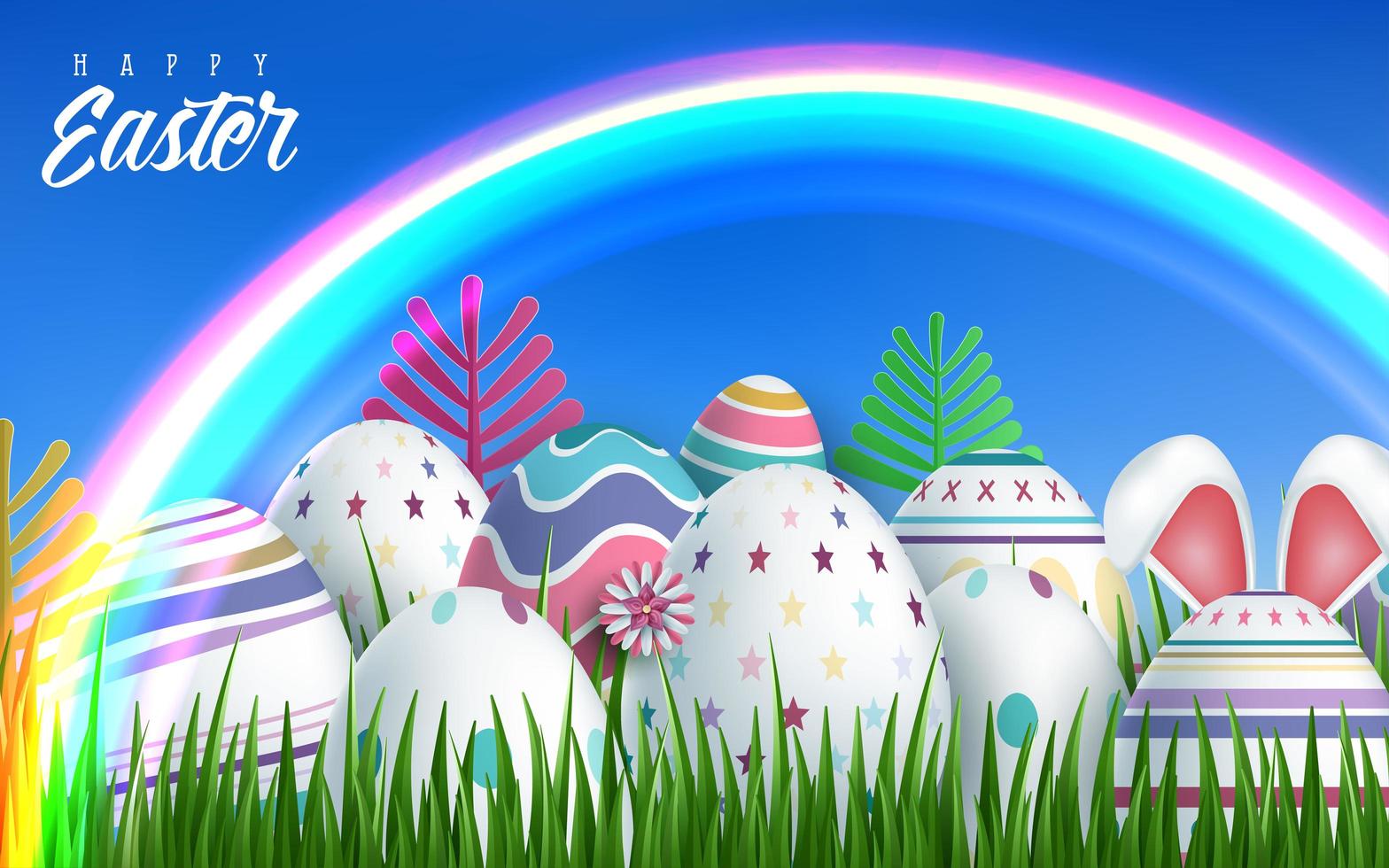 Feliz fondo de arco iris de pascua con huevos de pascua realistas vector