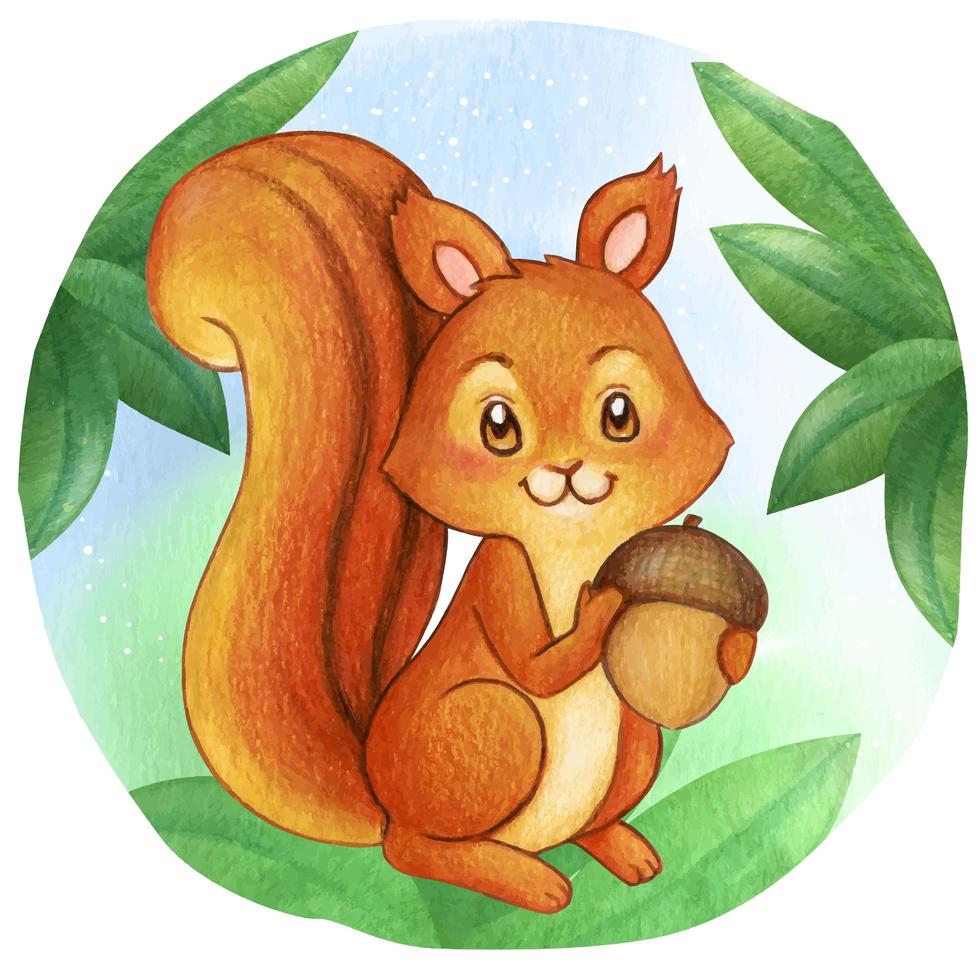 Watercolor Squirrel Holding Acorn vector