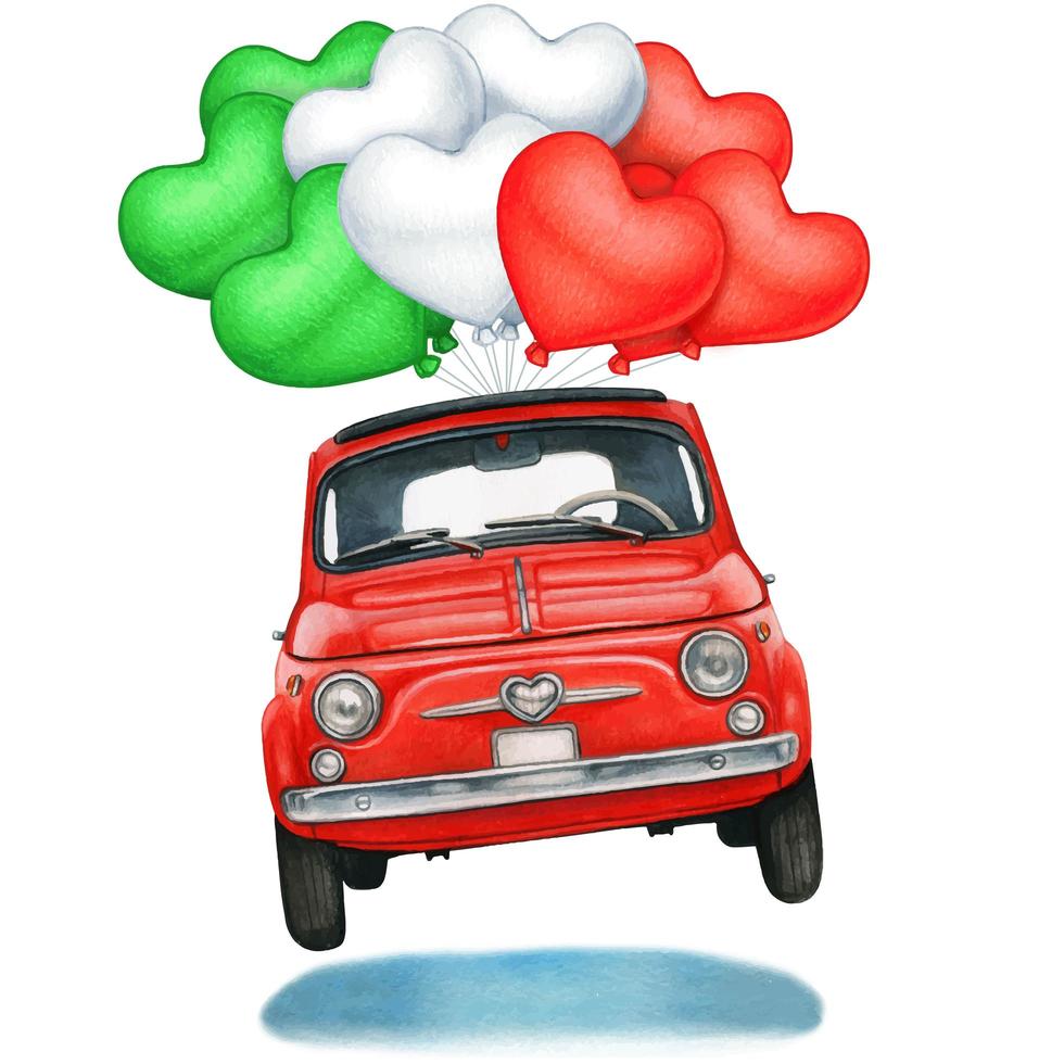 Red Vintage Car with Heart Shaped Balloons vector